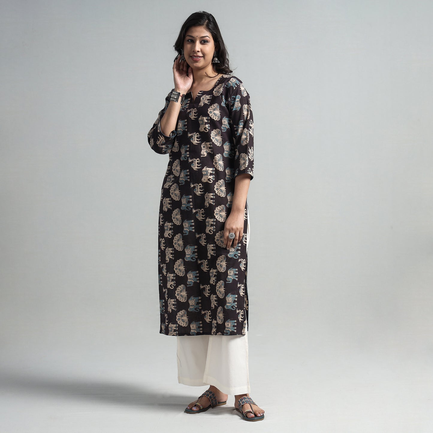 Black - Kalamkari Printed Cotton A-Line Long Kurta