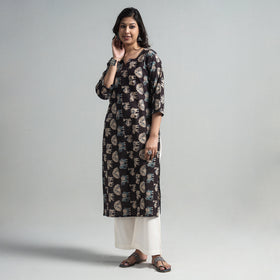 Black - Kalamkari Printed Cotton A-Line Long Kurta