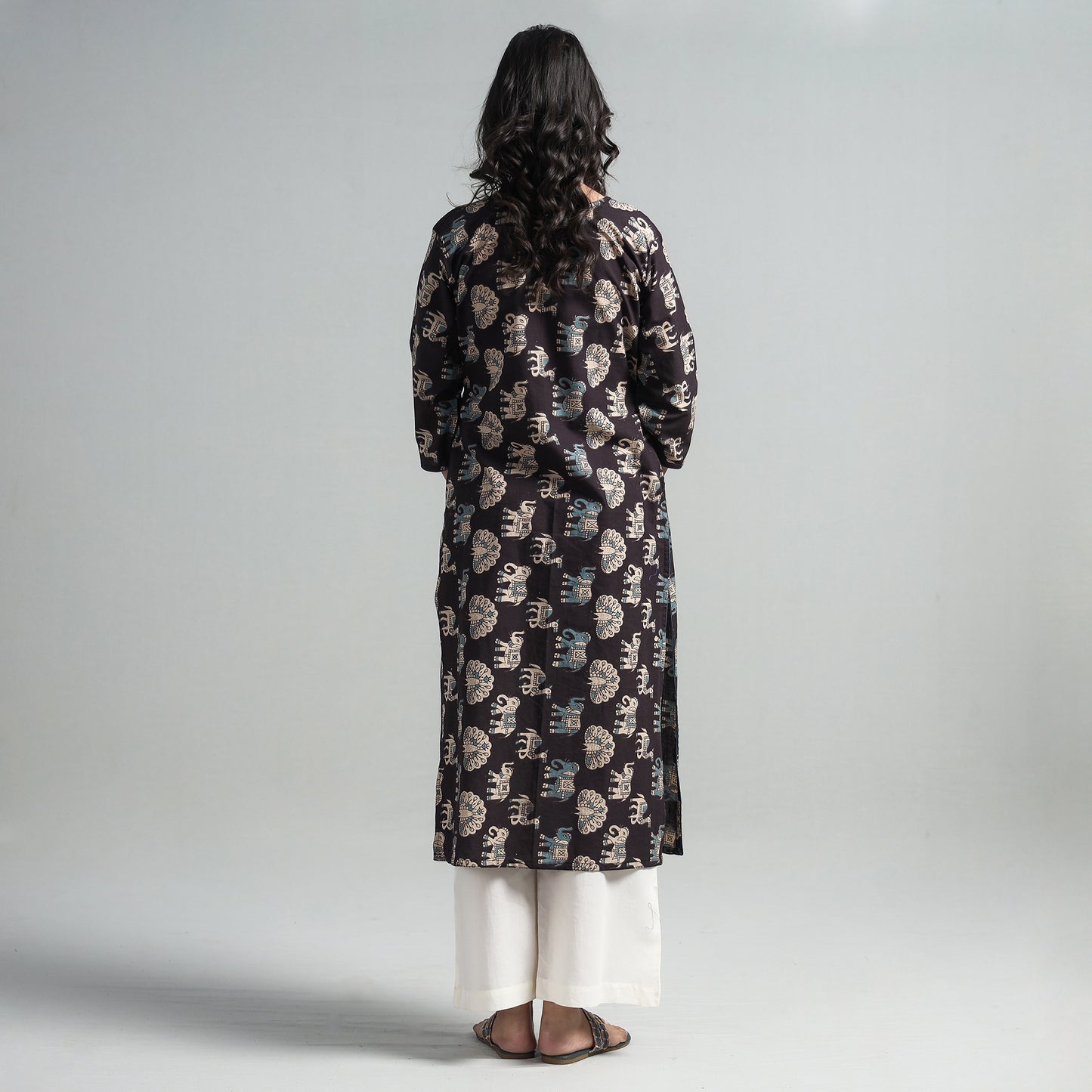Black - Kalamkari Printed Cotton A-Line Long Kurta