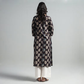 Black - Kalamkari Printed Cotton A-Line Long Kurta