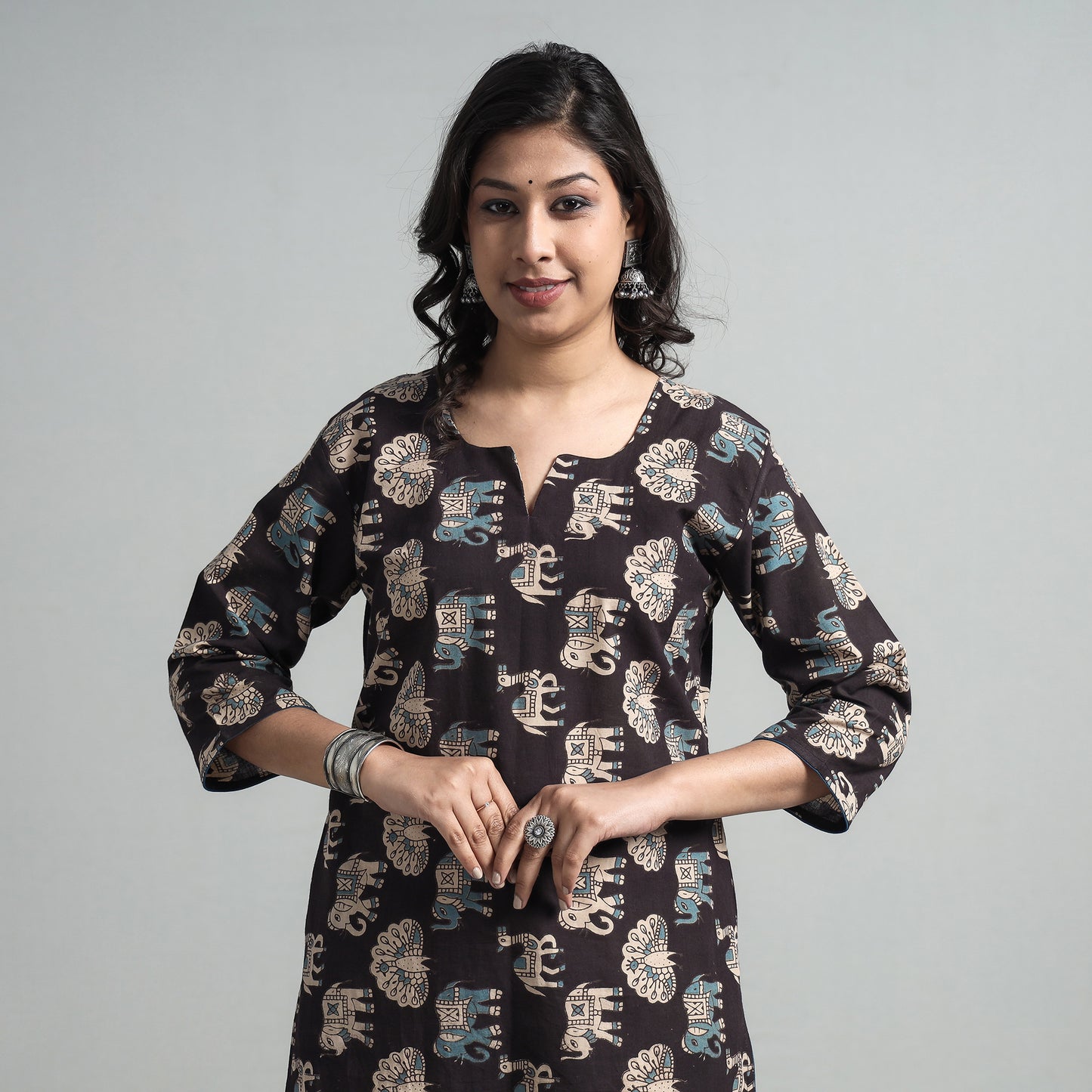Black - Kalamkari Printed Cotton A-Line Long Kurta