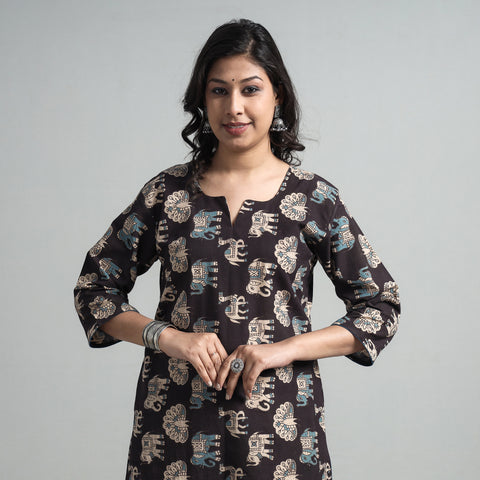 Black - Kalamkari Printed Cotton A-Line Long Kurta