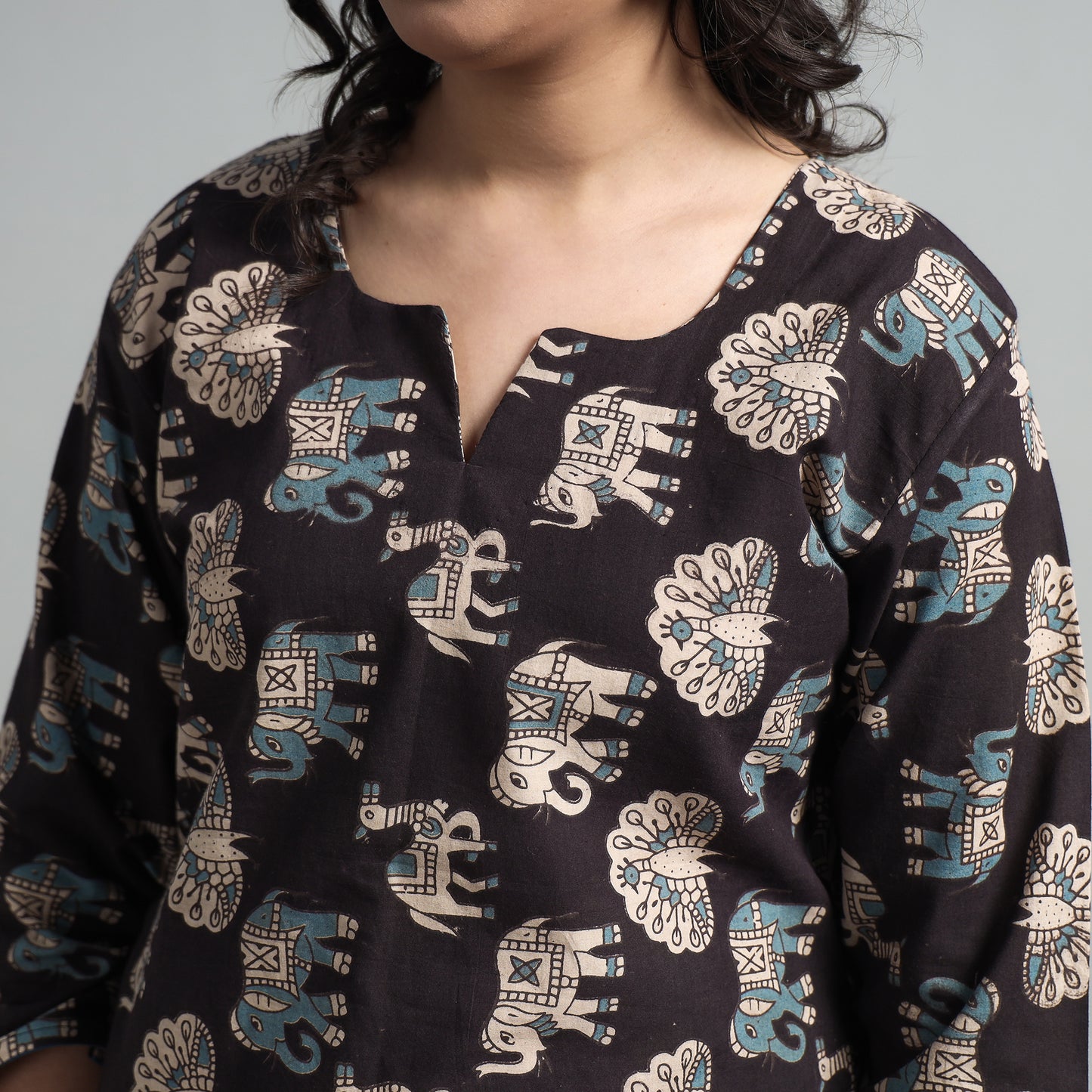 Black - Kalamkari Printed Cotton A-Line Long Kurta