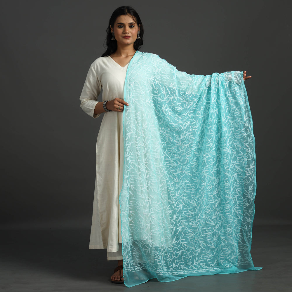 Blue - Lucknow Chikankari Tepchi Embroidery Georgette Dupatta 13