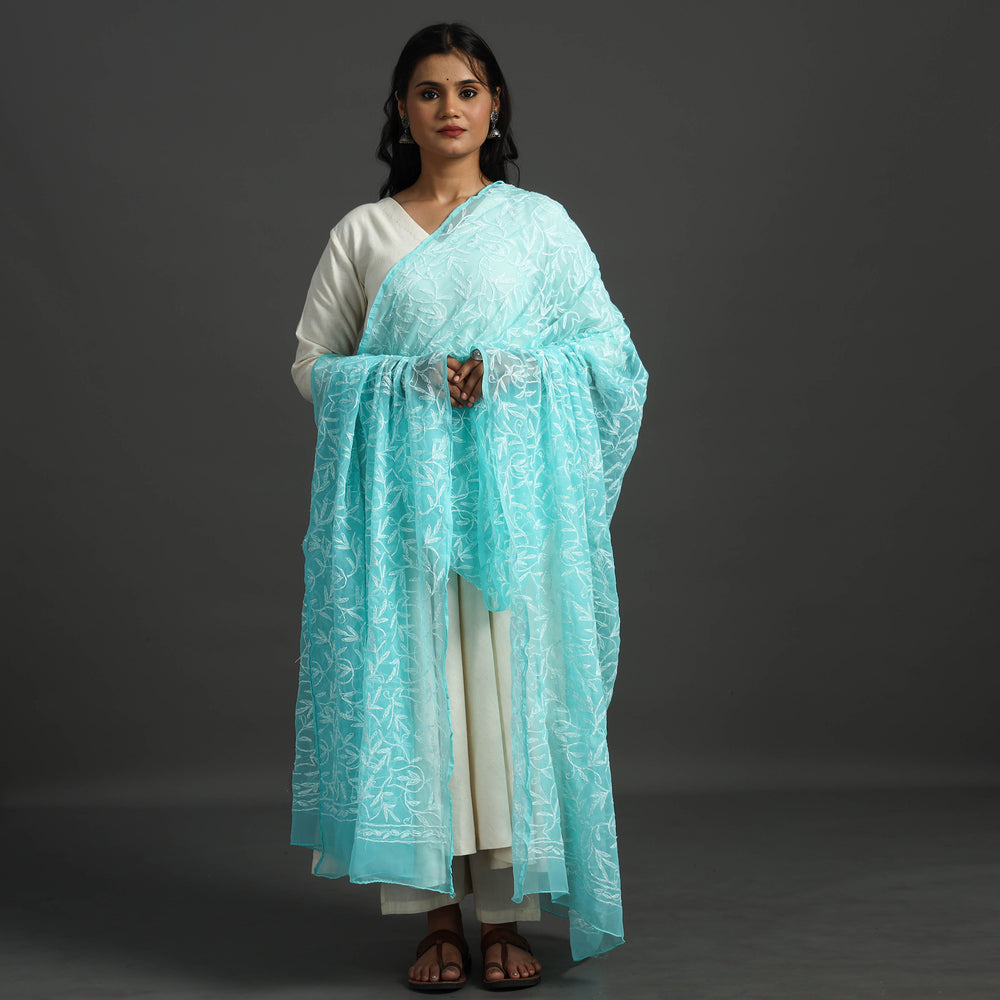 Blue - Lucknow Chikankari Tepchi Embroidery Georgette Dupatta 13