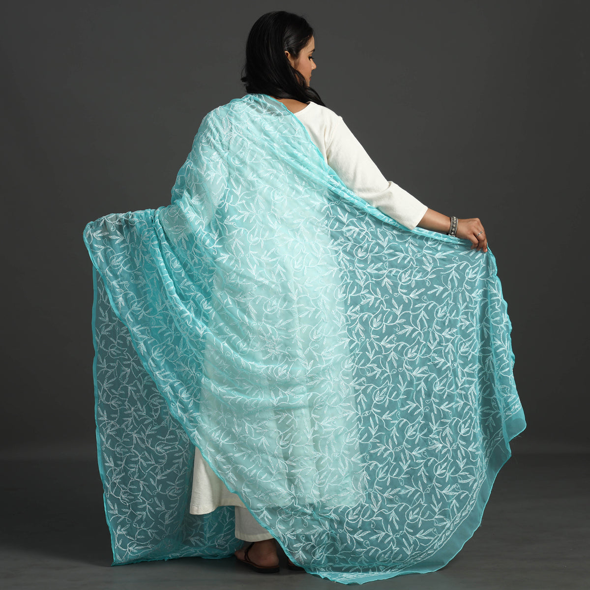 Blue - Lucknow Chikankari Tepchi Embroidery Georgette Dupatta 13