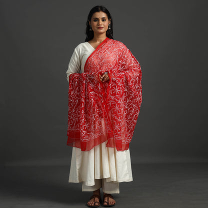 Red - Lucknow Chikankari Tepchi Embroidery Georgette Dupatta 14