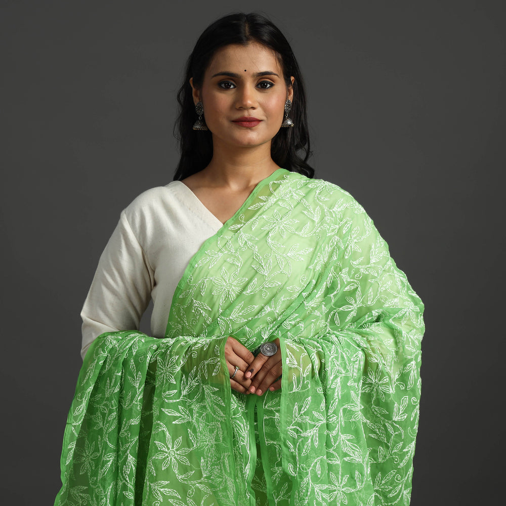 Green - Lucknow Chikankari Tepchi Embroidery Georgette Dupatta 15