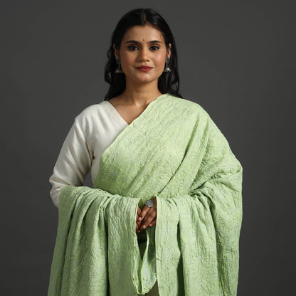 Green - Lucknow Chikankari Hand Embroidery Full Jaal Cotton Dupatta 17