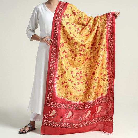 Yellow - Bengal Kantha Embroidery Tussar Silk Handloom Dupatta 09