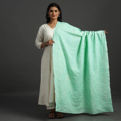 Green - Lucknow Chikankari Hand Embroidery Full Jaal Cotton Dupatta 19