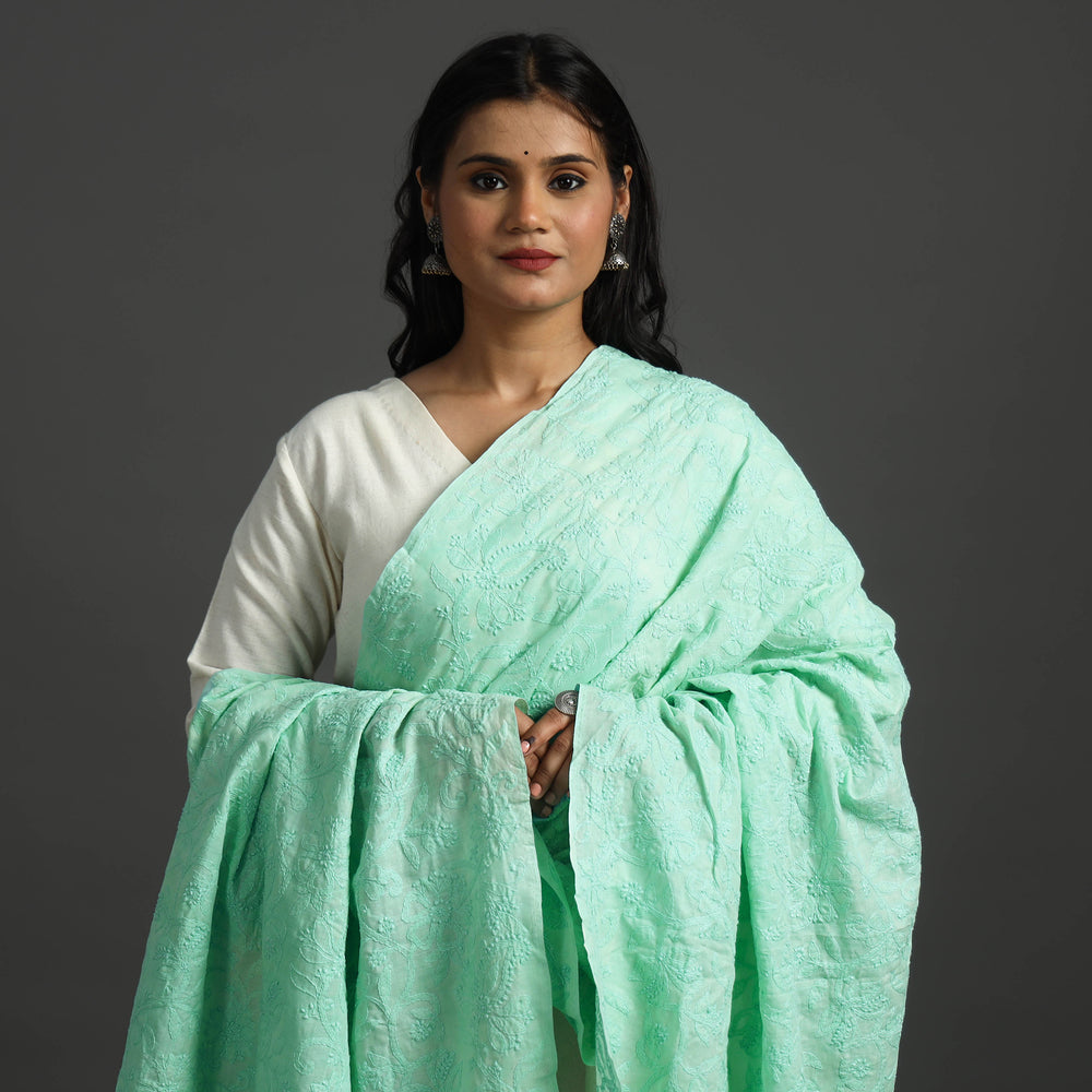 Green - Lucknow Chikankari Hand Embroidery Full Jaal Cotton Dupatta 19