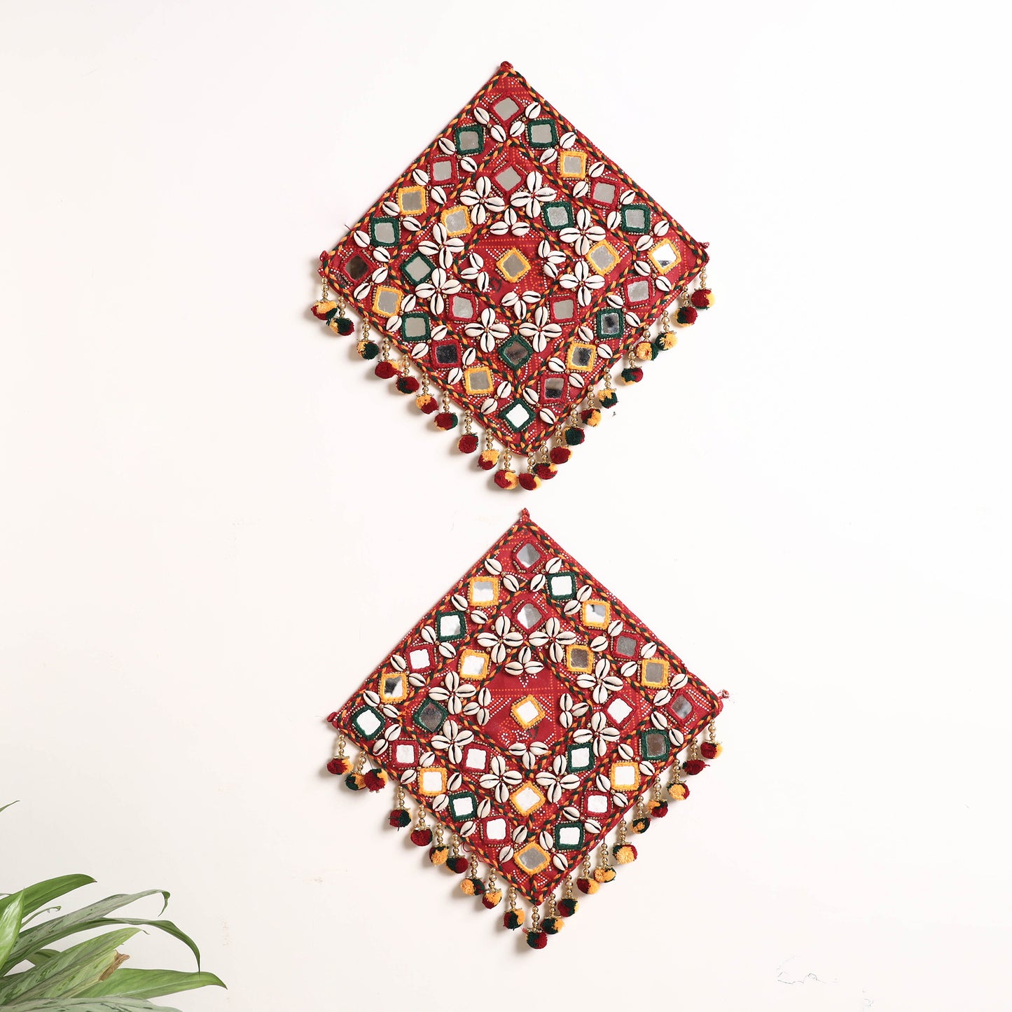 Kutch Hand Embroidery Mirror & Kodi Work Beaded Hangings (Set of 2 - 12 x 12 in)