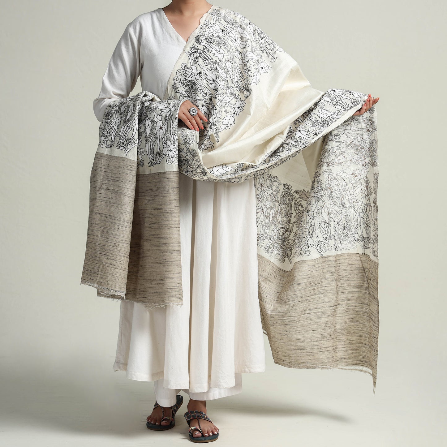 White - Bengal Kantha Embroidery Matka Silk Handloom Dupatta 16