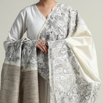 White - Bengal Kantha Embroidery Matka Silk Handloom Dupatta 16