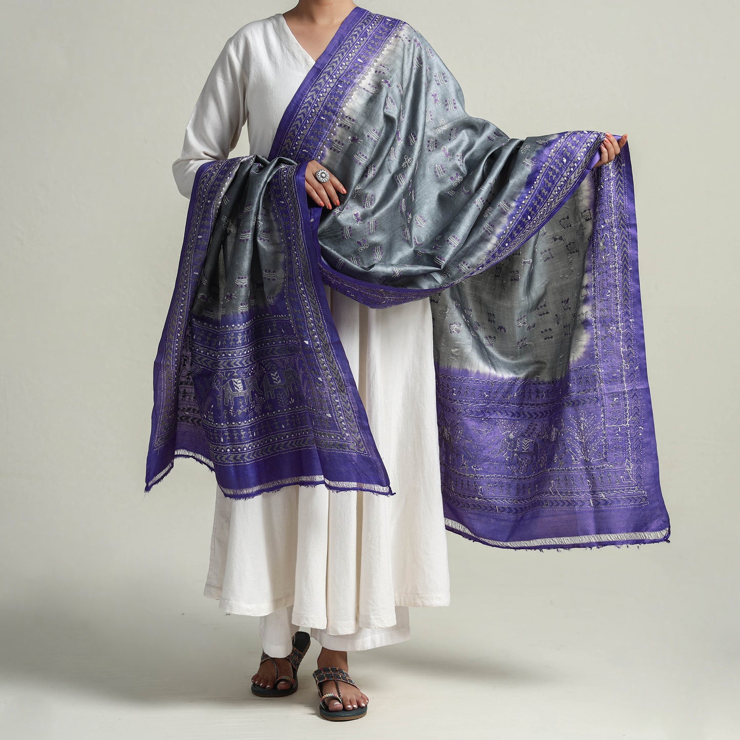 Grey - Bengal Kantha Embroidery Tussar Silk Handloom Dupatta 15