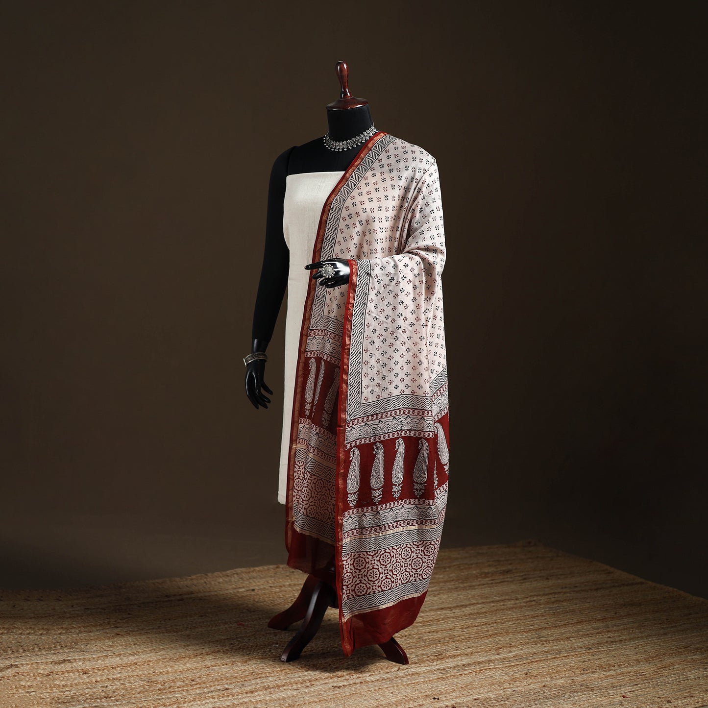 Beige - Bagh Hand Block Print Natural Dyed Chanderi Silk Handloom Dupatta 01