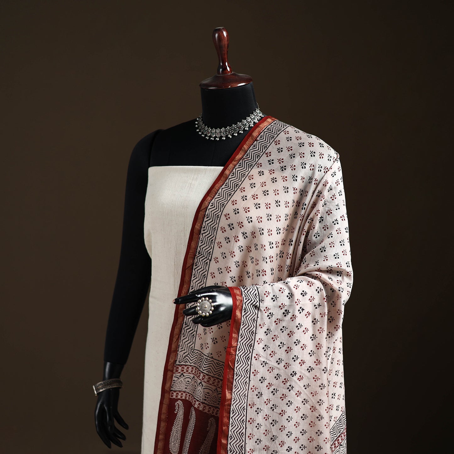 Beige - Bagh Hand Block Print Natural Dyed Chanderi Silk Handloom Dupatta 01