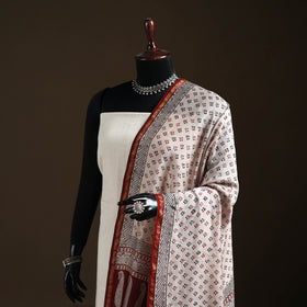Beige - Bagh Hand Block Print Natural Dyed Chanderi Silk Handloom Dupatta 01