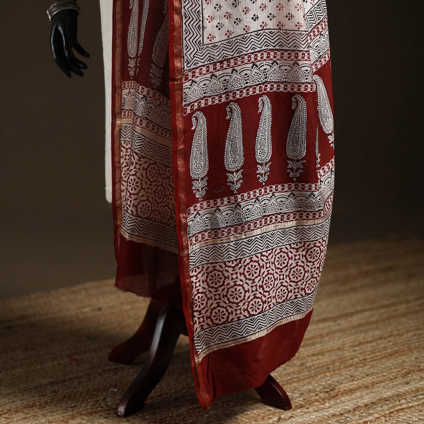 Beige - Bagh Hand Block Print Natural Dyed Chanderi Silk Handloom Dupatta 01