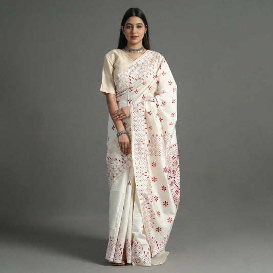 White - Bengal Nakshi Kantha Embroidery Silk Saree 01