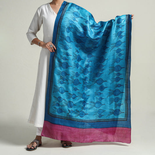 Blue - Bengal Kantha Embroidery Block Printed Tussar Silk Handloom Dupatta