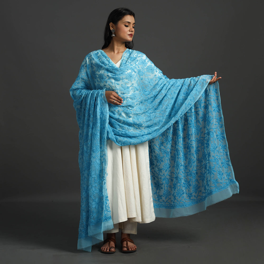 Blue - Lucknow Chikankari Tepchi Embroidery Georgette Dupatta 24