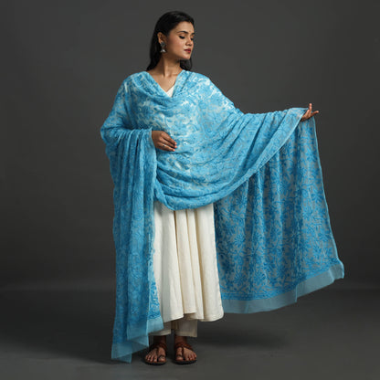 Blue - Lucknow Chikankari Tepchi Embroidery Georgette Dupatta 24