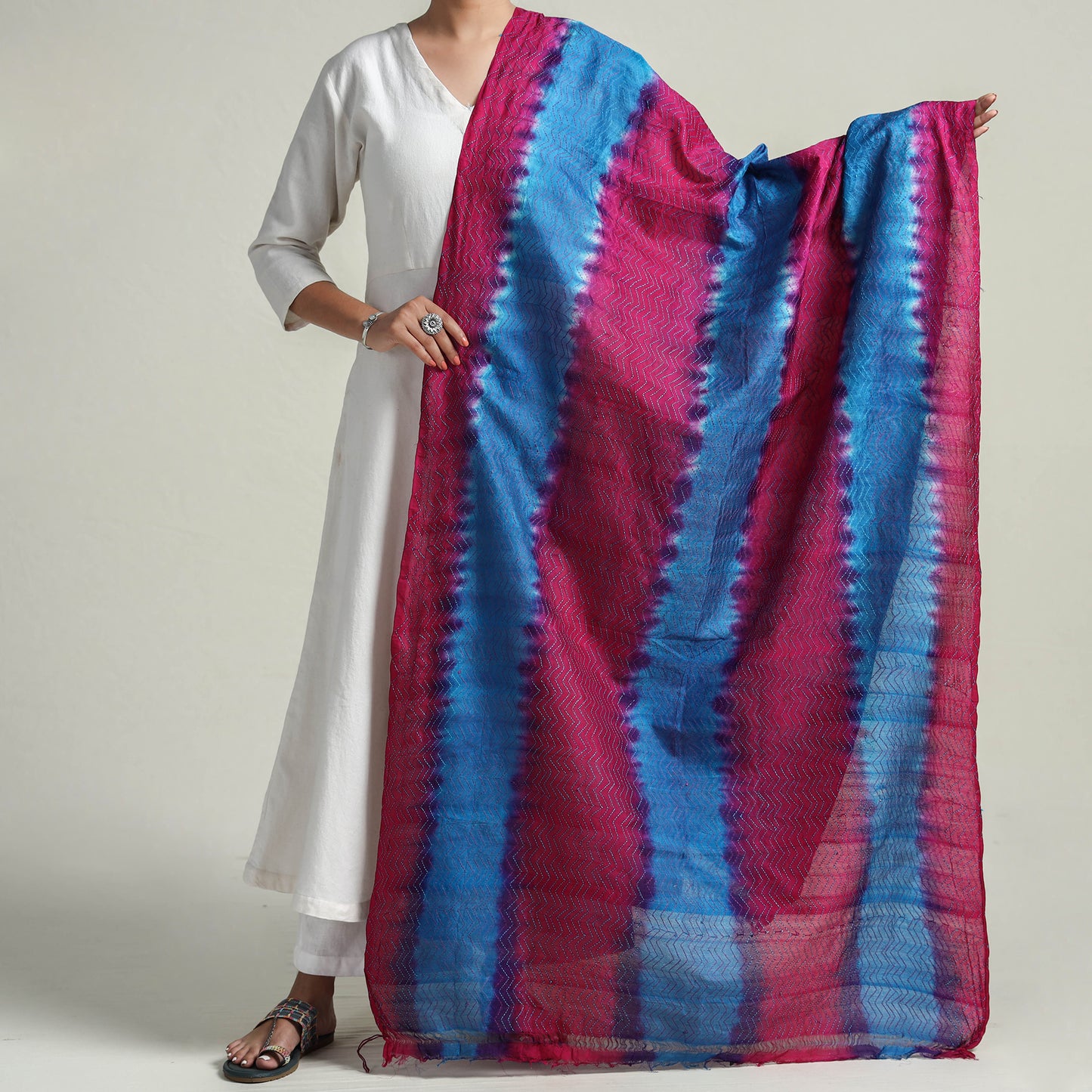 Multicolor - Bengal Kantha Embroidery Block Printed Silk Handloom Dupatta 11
