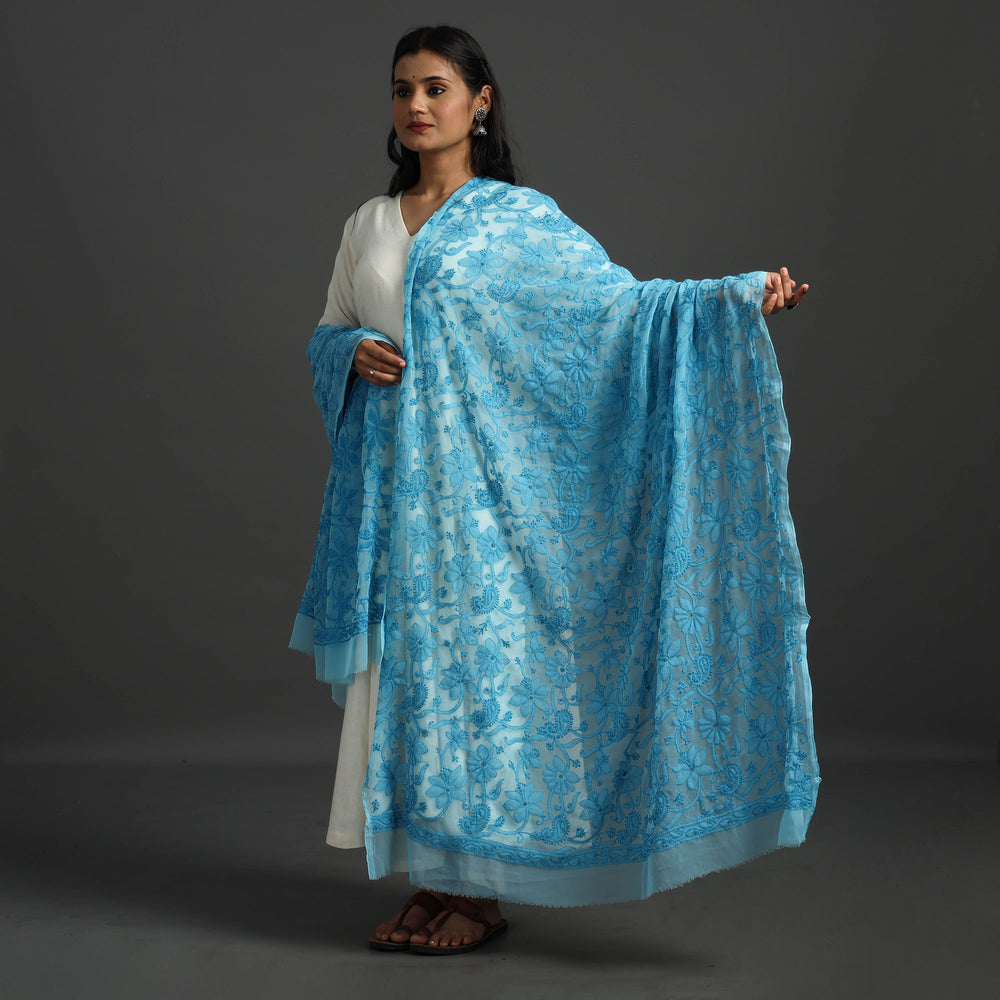 Blue - Lucknow Chikankari Tepchi Embroidery Georgette Dupatta 24