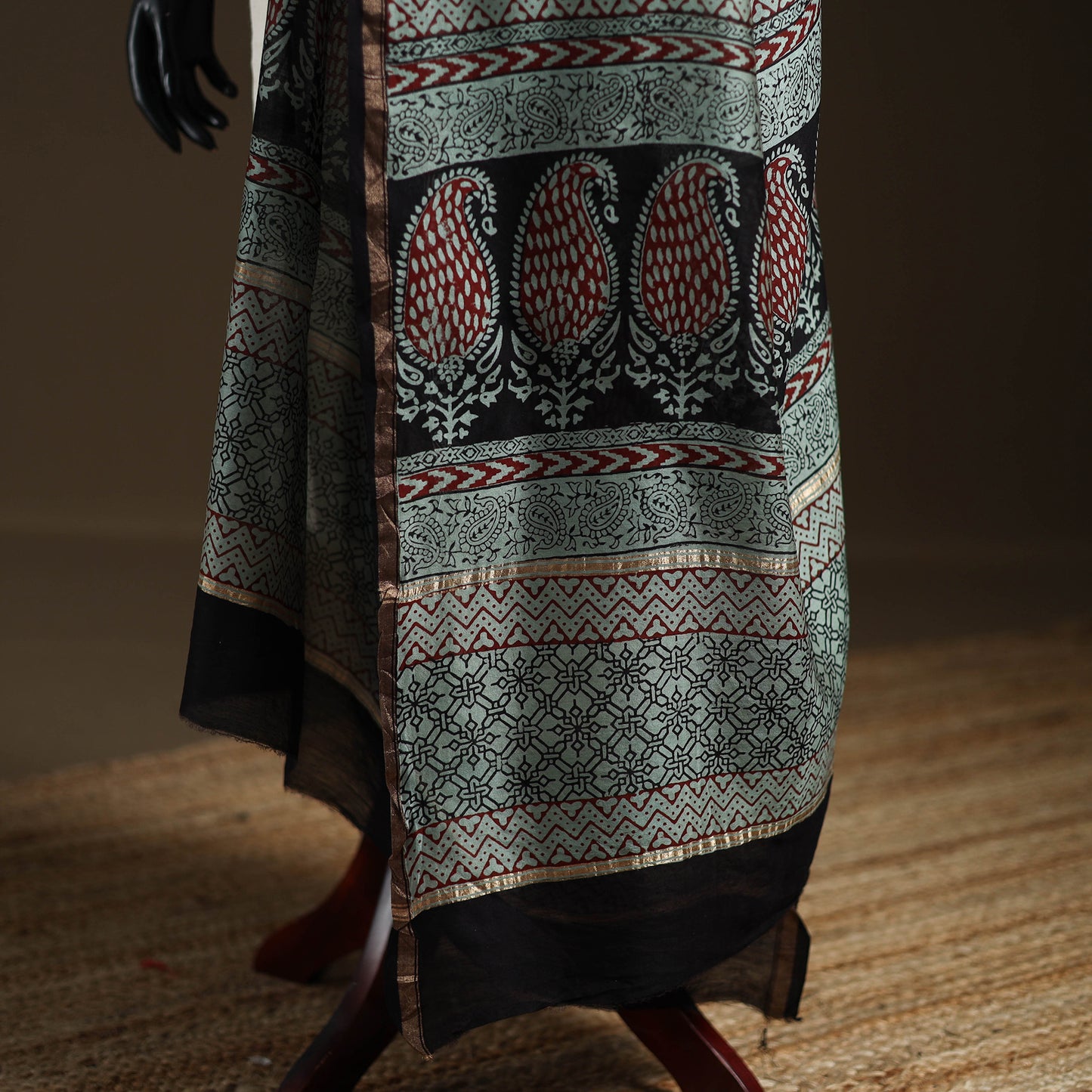 Green - Bagh Hand Block Print Natural Dyed Chanderi Silk Handloom Dupatta 04