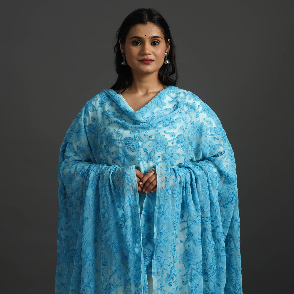 Blue - Lucknow Chikankari Tepchi Embroidery Georgette Dupatta 24