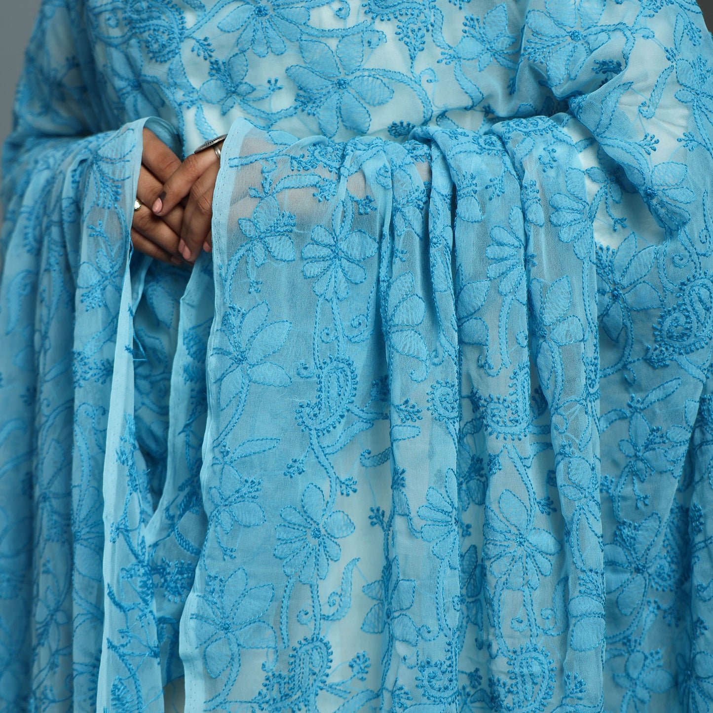 Blue - Lucknow Chikankari Tepchi Embroidery Georgette Dupatta 24