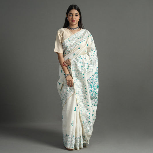 White - Bengal Nakshi Kantha Embroidery Silk Saree 02