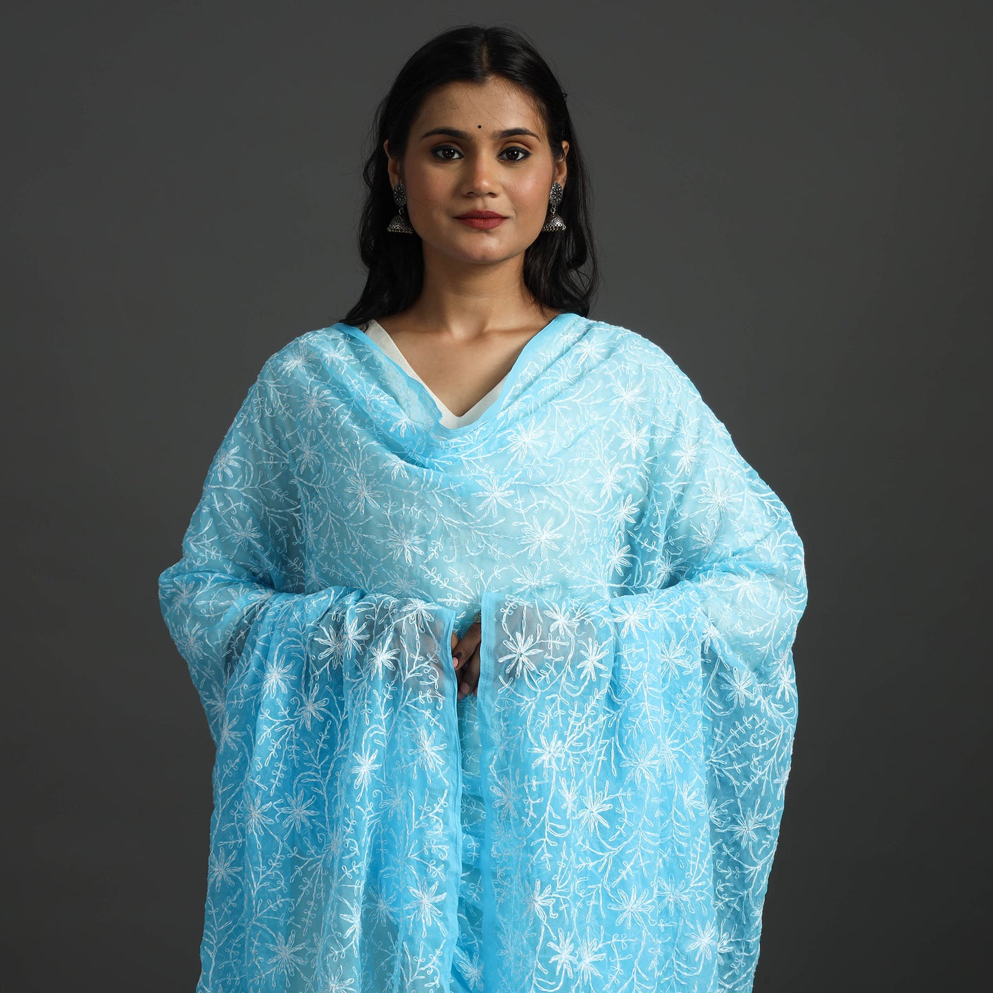 Blue - Lucknow Chikankari Tepchi Embroidery Georgette Dupatta 25