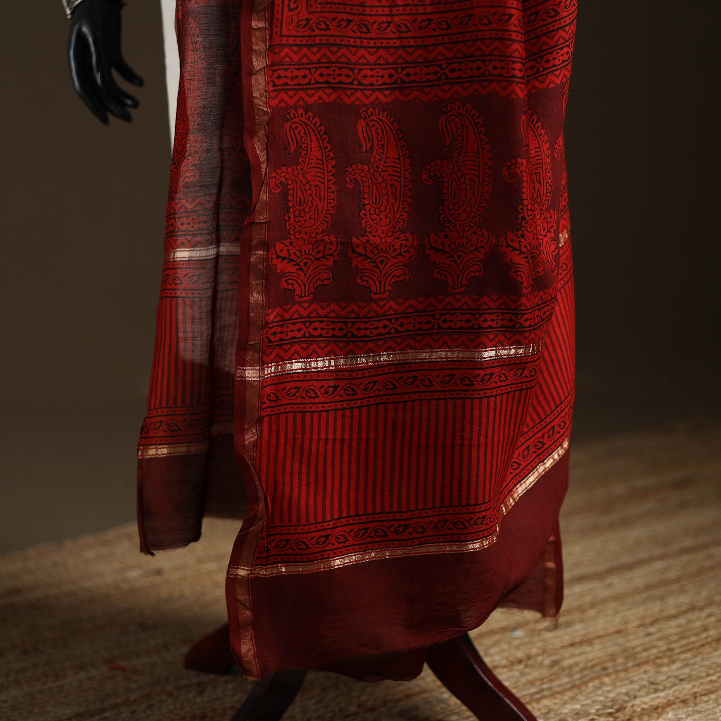 Red - Bagh Hand Block Print Natural Dyed Chanderi Silk Handloom Dupatta 05