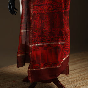 Red - Bagh Hand Block Print Natural Dyed Chanderi Silk Handloom Dupatta 05