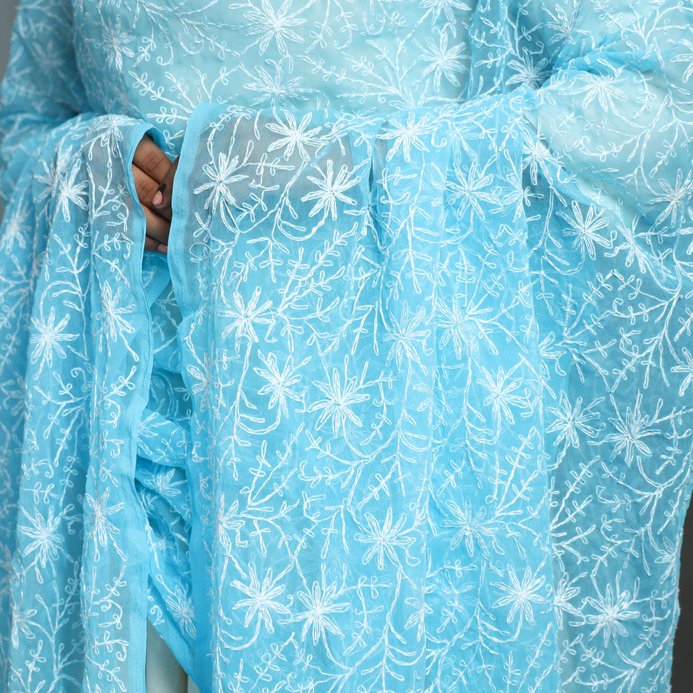 Blue - Lucknow Chikankari Tepchi Embroidery Georgette Dupatta 25