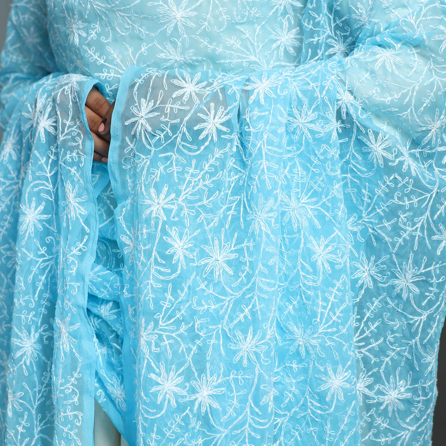 Blue - Lucknow Chikankari Tepchi Embroidery Georgette Dupatta 25