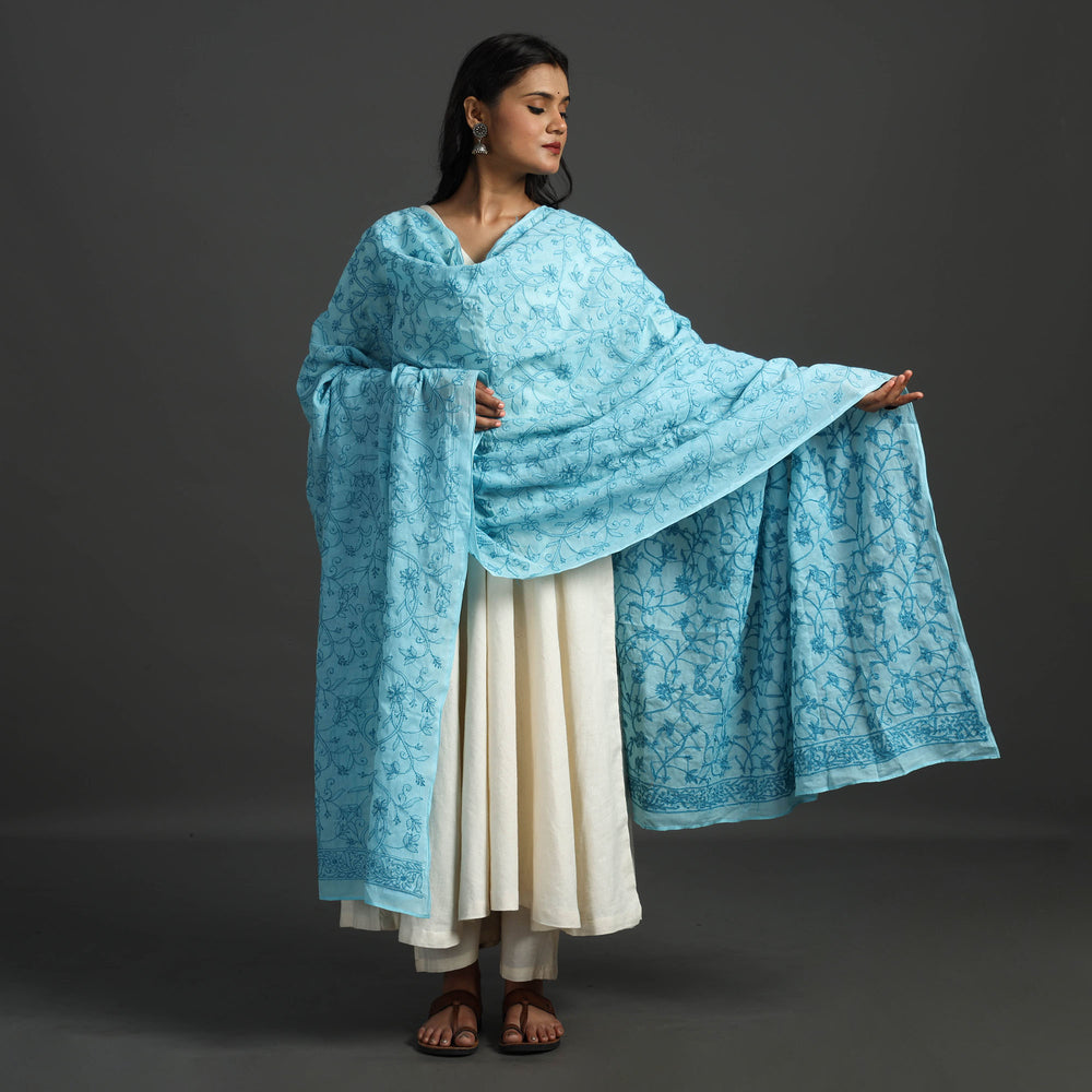 Blue - Lucknow Chikankari Hand Embroidery Cotton Dupatta 26