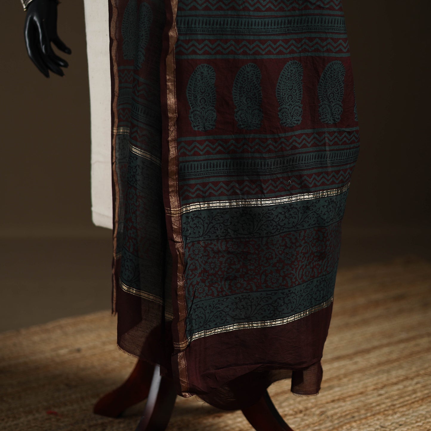 Green - Bagh Hand Block Print Natural Dyed Chanderi Silk Handloom Dupatta 06