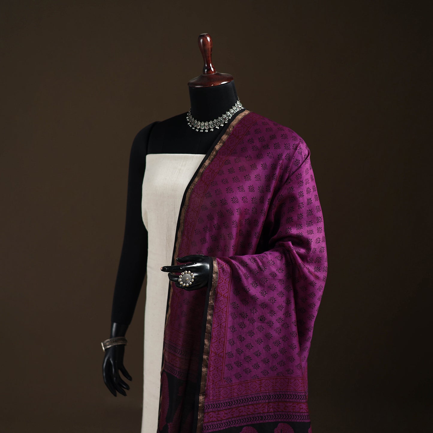 Purple - Bagh Hand Block Print Natural Dyed Chanderi Silk Handloom Dupatta 07