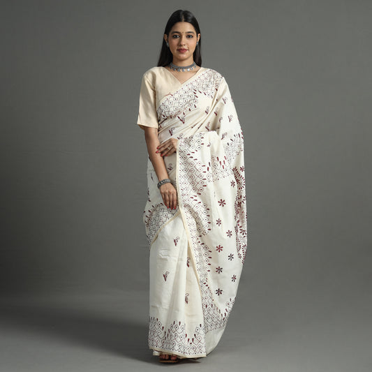 White - Bengal Nakshi Kantha Embroidery Silk Saree 03