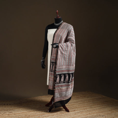 Black - Bagh Hand Block Print Natural Dyed Chanderi Silk Handloom Dupatta 08