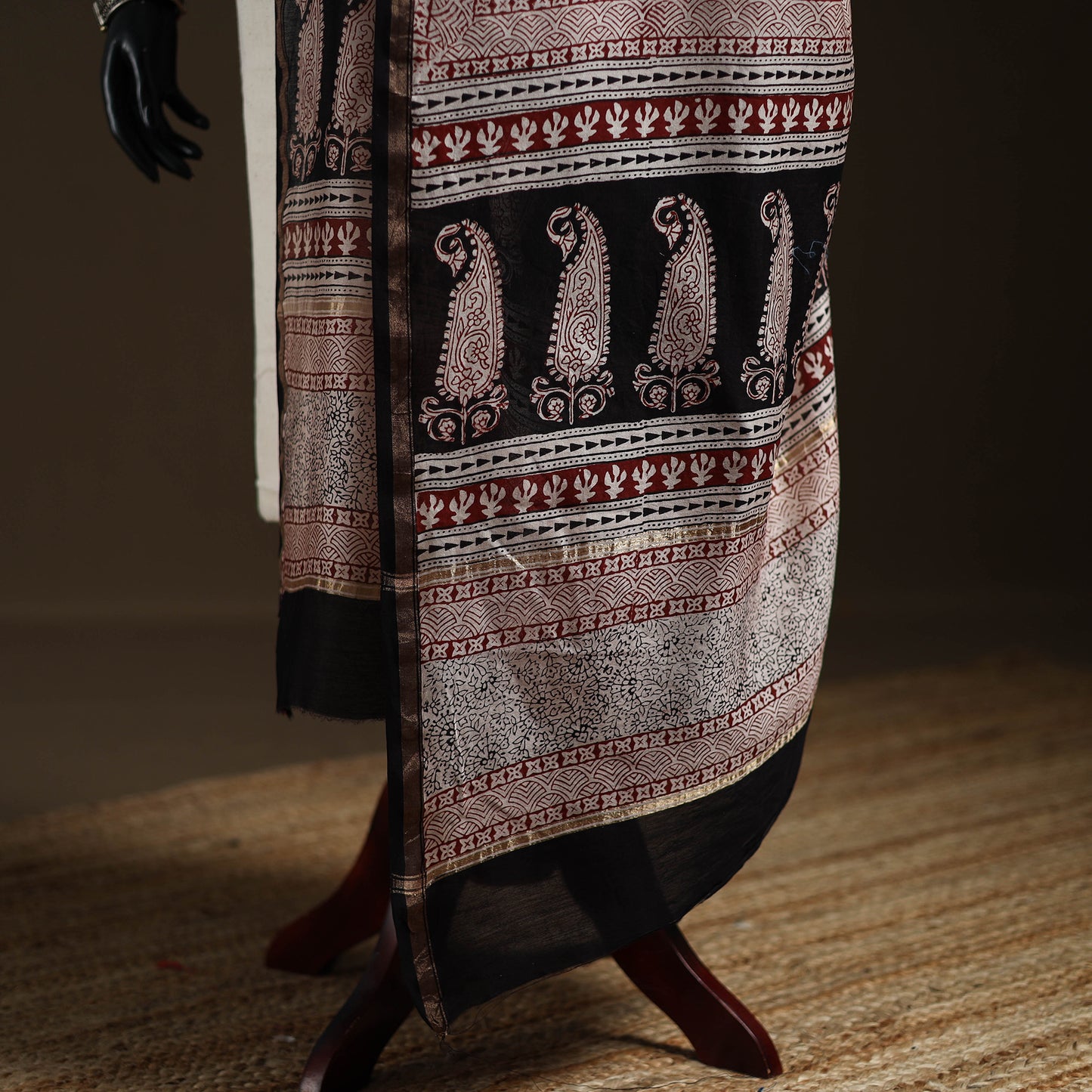 Black - Bagh Hand Block Print Natural Dyed Chanderi Silk Handloom Dupatta 08