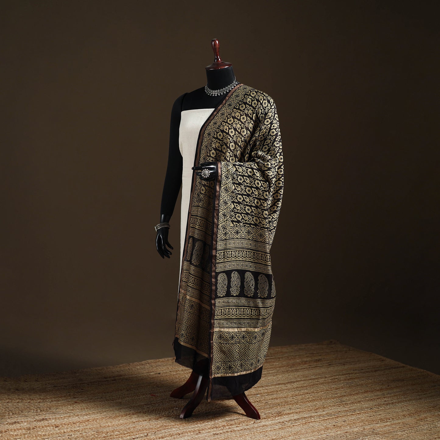 Black - Bagh Hand Block Print Natural Dyed Chanderi Silk Handloom Dupatta 09