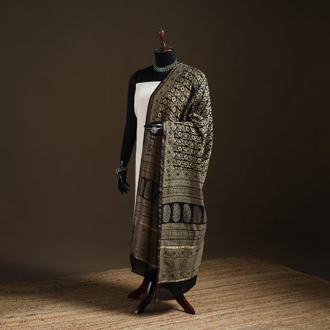 Black - Bagh Hand Block Print Natural Dyed Chanderi Silk Handloom Dupatta 09