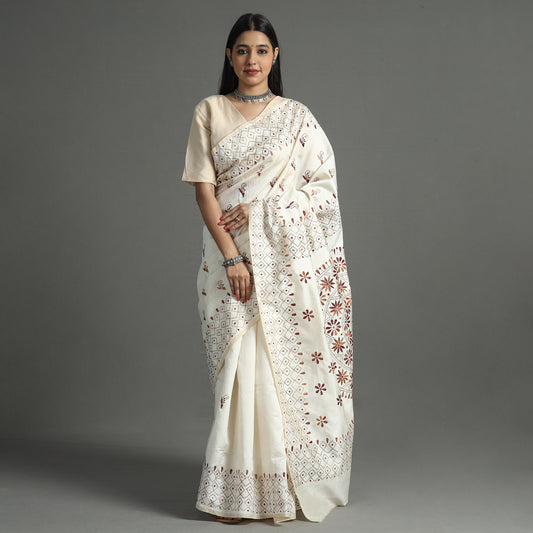 White - Bengal Nakshi Kantha Embroidery Silk Saree 04