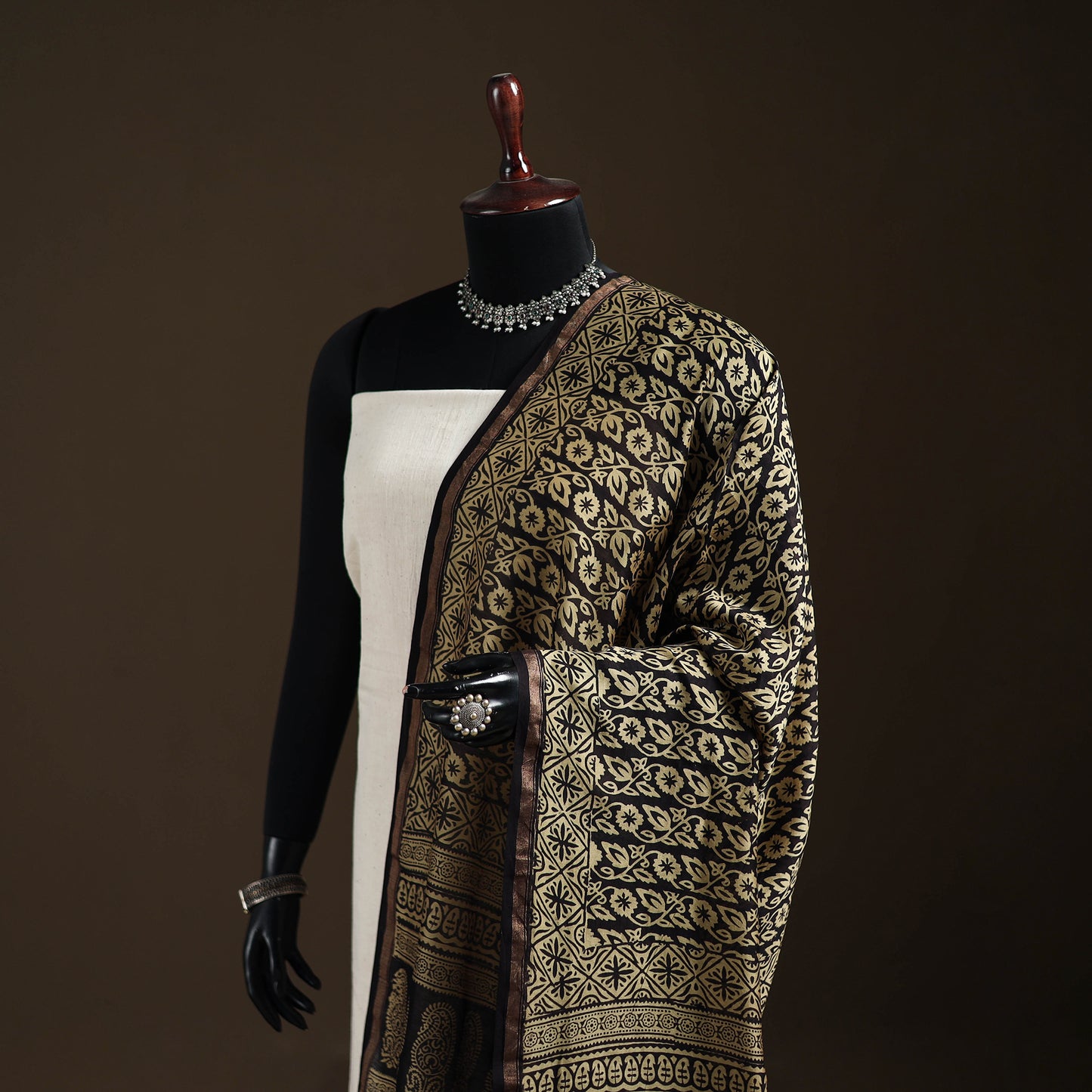 Black - Bagh Hand Block Print Natural Dyed Chanderi Silk Handloom Dupatta 09
