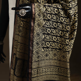 Black - Bagh Hand Block Print Natural Dyed Chanderi Silk Handloom Dupatta 09